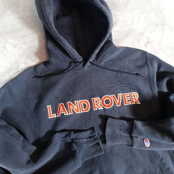 Vintage Land Rover Champion Reverse Weave Hoodie Mens S Distressed Faded Blue - Picture 1 of 9
